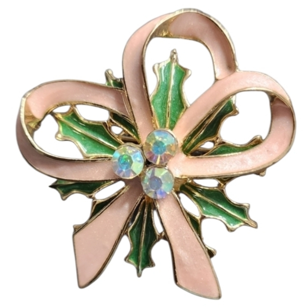 Elegant Pink Bow Brooch with Green Holly & AB Crystals